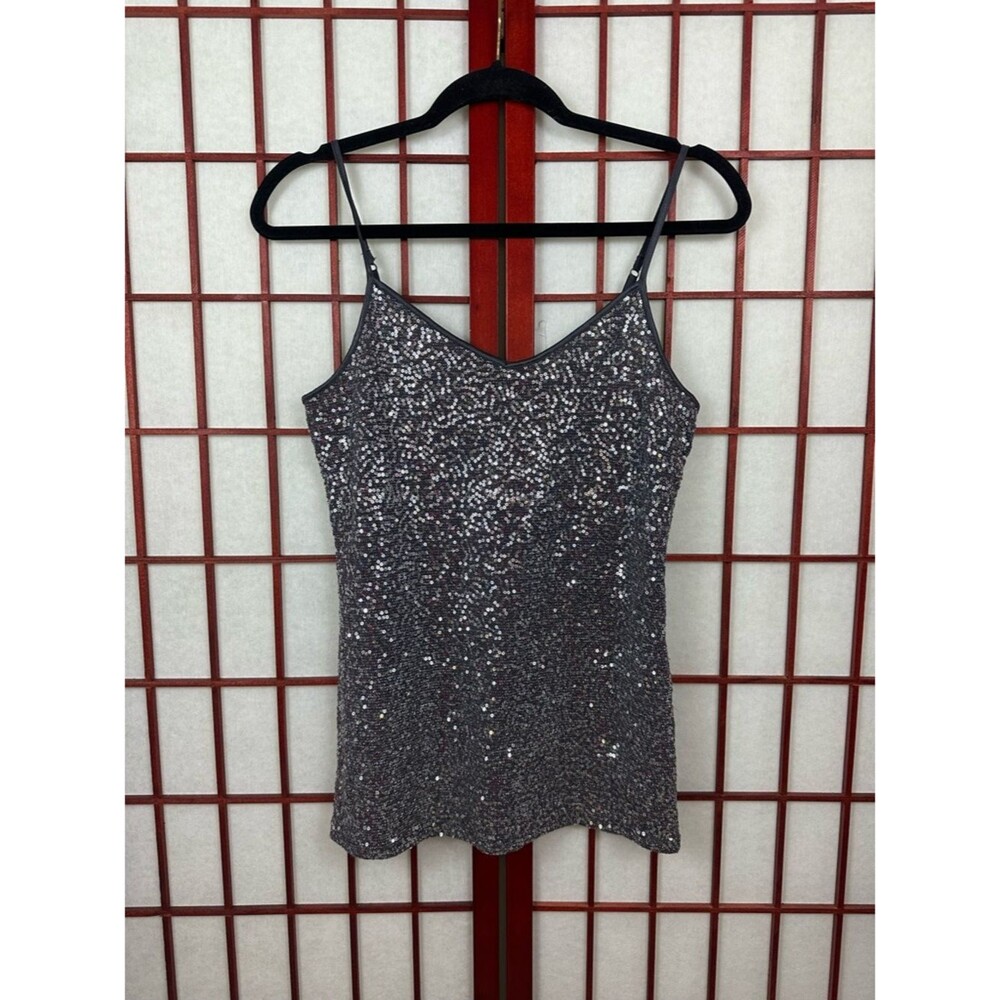 Y2K Express Silver Gray Sequin Stretch Cami Party Rave Tank Top Mediun